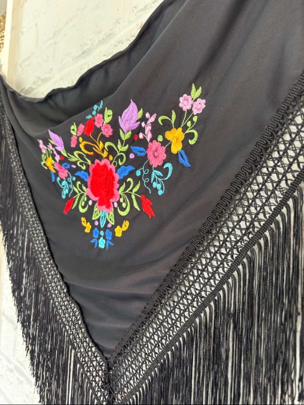 Black Floral Embroidered Fringe Edge Triangular Spanish Style Scarf - Picture 7 of 8